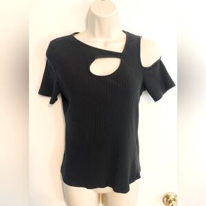 Black rib knit top, no name listed. Size M, but fits more like a small.